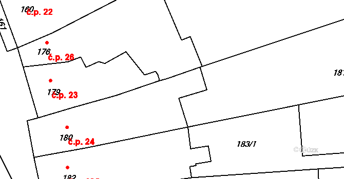 Těšany 24 na parcele st. 180 v KÚ Těšany, Katastrální mapa