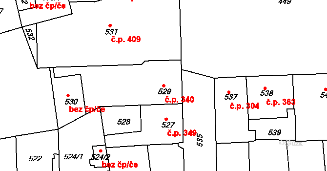 Švermov 340, Kladno na parcele st. 529 v KÚ Motyčín, Katastrální mapa