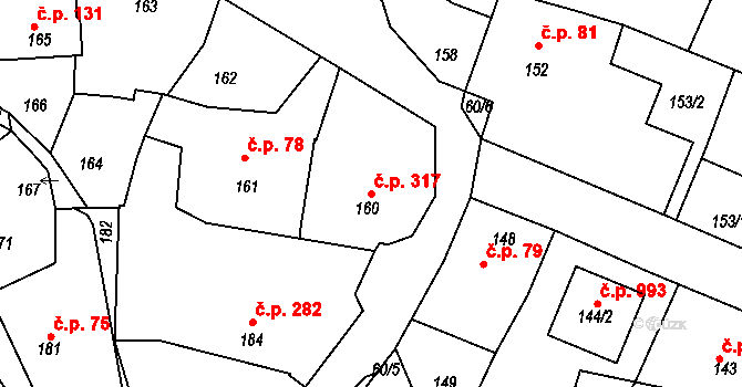 Buštěhrad 317 na parcele st. 160 v KÚ Buštěhrad, Katastrální mapa
