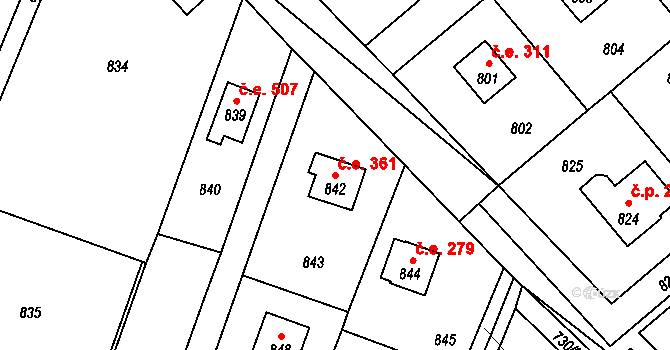 Hlásná Třebaň 361 na parcele st. 842 v KÚ Hlásná Třebaň, Katastrální mapa