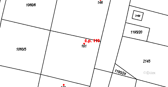 Běchary 119 na parcele st. 161 v KÚ Běchary, Katastrální mapa