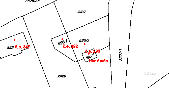 Rožnov pod Radhoštěm 293 na parcele st. 596/2 v KÚ Rožnov pod Radhoštěm, Katastrální mapa