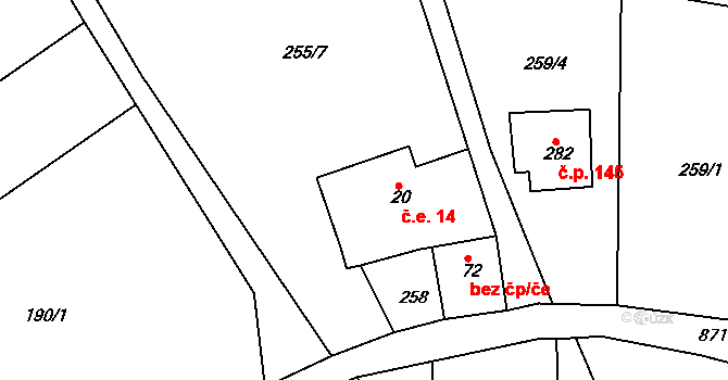Bzí 14, Železný Brod na parcele st. 20 v KÚ Bzí u Železného Brodu, Katastrální mapa