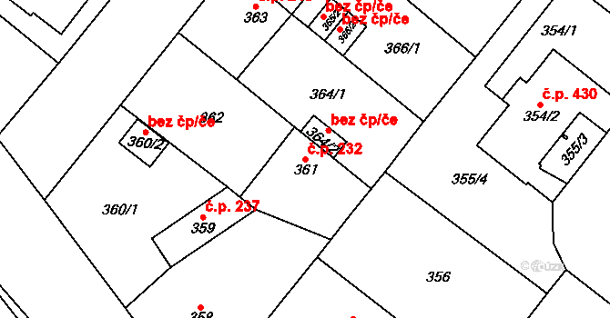 Sobědruhy 232, Teplice na parcele st. 361 v KÚ Sobědruhy, Katastrální mapa