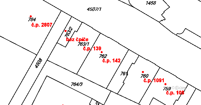 Teplice 142 na parcele st. 762 v KÚ Teplice, Katastrální mapa