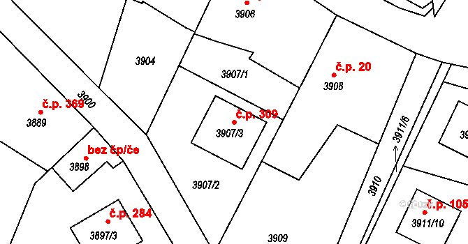 Lískovec 309, Frýdek-Místek na parcele st. 3907/3 v KÚ Lískovec u Frýdku-Místku, Katastrální mapa