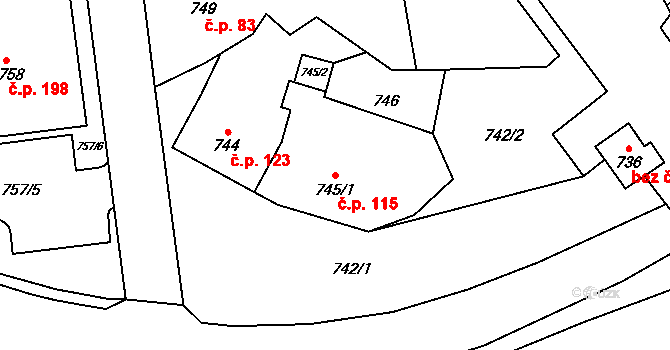 Svatava 115 na parcele st. 745/1 v KÚ Svatava, Katastrální mapa