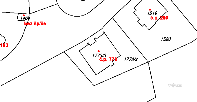 Hlubočepy 778, Praha na parcele st. 1773/3 v KÚ Hlubočepy, Katastrální mapa