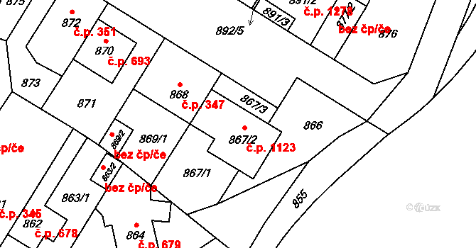 Hostivař 1123, Praha na parcele st. 867/2 v KÚ Hostivař, Katastrální mapa