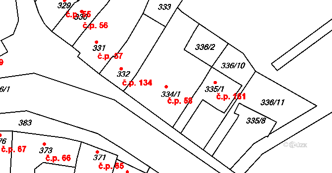 Horákov 58, Mokrá-Horákov na parcele st. 334/1 v KÚ Horákov, Katastrální mapa