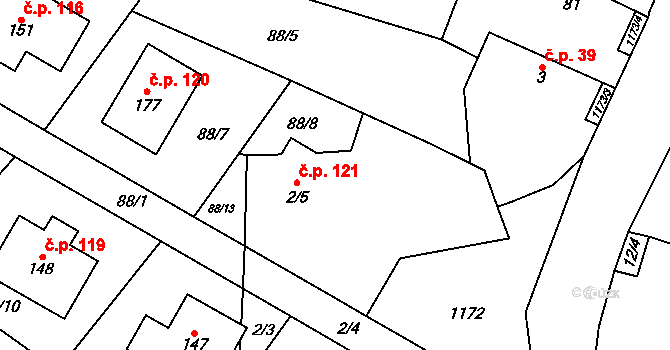 Nučice 121 na parcele st. 2/5 v KÚ Nučice, Katastrální mapa