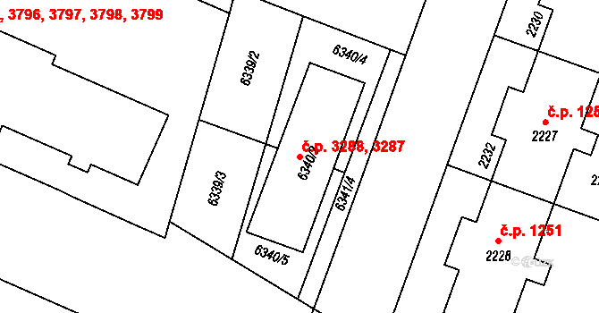 Prostějov 3287,3288 na parcele st. 6340/2 v KÚ Prostějov, Katastrální mapa