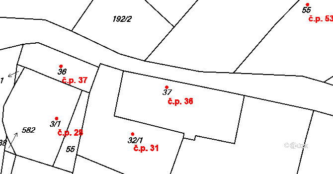Lžovice 36, Týnec nad Labem na parcele st. 37 v KÚ Lžovice, Katastrální mapa