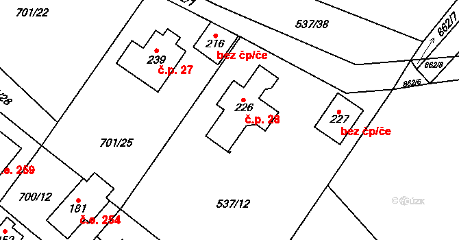 Dubiny 28, Velké Popovice na parcele st. 226 v KÚ Lojovice, Katastrální mapa