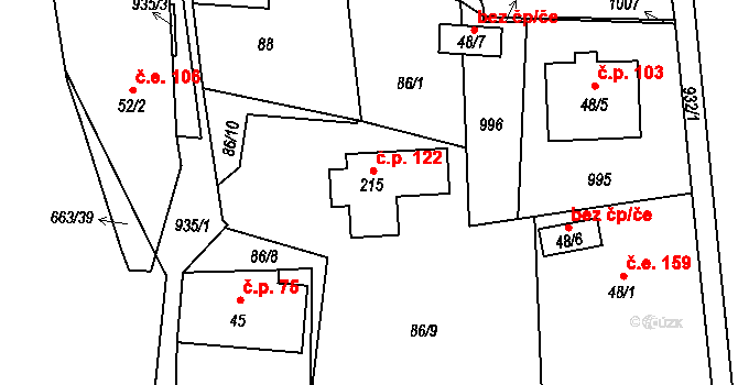 Boleboř 122 na parcele st. 215 v KÚ Boleboř, Katastrální mapa