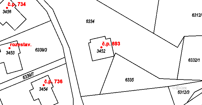 Huslenky 693 na parcele st. 3452 v KÚ Huslenky, Katastrální mapa