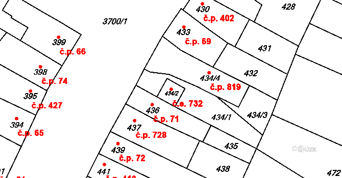 Vyškov-Předměstí 732, Vyškov na parcele st. 434/2 v KÚ Vyškov, Katastrální mapa