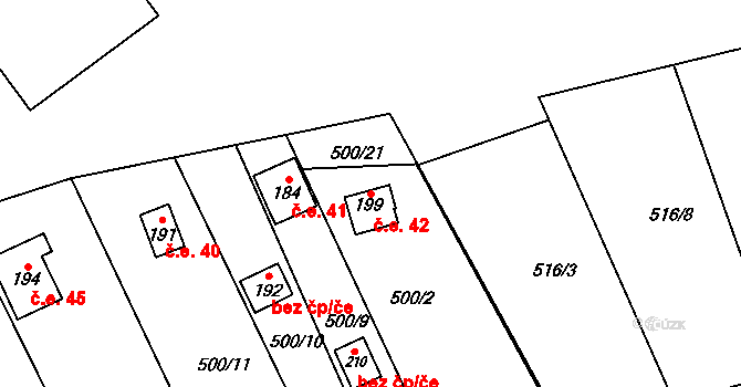 Drmaly 42, Vysoká Pec na parcele st. 199 v KÚ Drmaly, Katastrální mapa