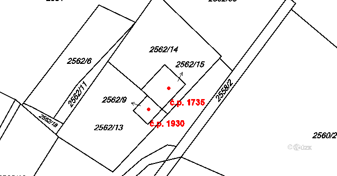 Hlučín 1735 na parcele st. 2562/15 v KÚ Hlučín, Katastrální mapa