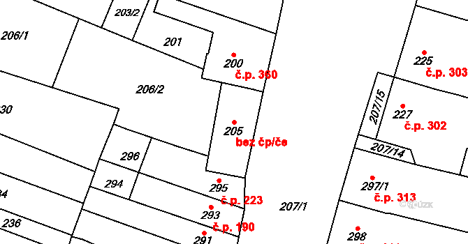 Měnín 46054979 na parcele st. 205 v KÚ Měnín, Katastrální mapa