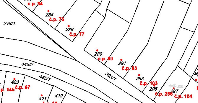 Vícemilice 80, Bučovice na parcele st. 289 v KÚ Vícemilice, Katastrální mapa