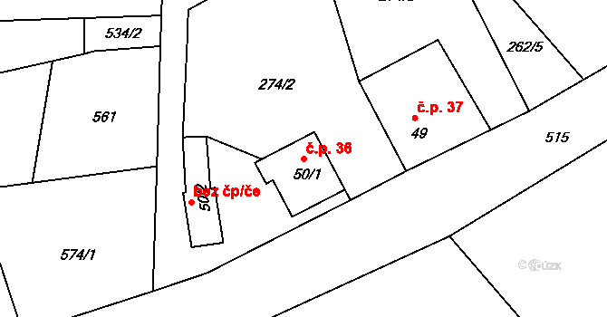 Sedlec 36, Korozluky na parcele st. 50/1 v KÚ Sedlec u Obrnic, Katastrální mapa