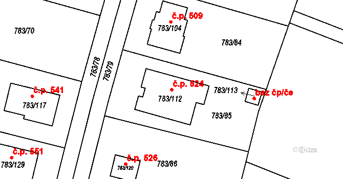 Senec 524, Zruč-Senec na parcele st. 783/112 v KÚ Senec u Plzně, Katastrální mapa