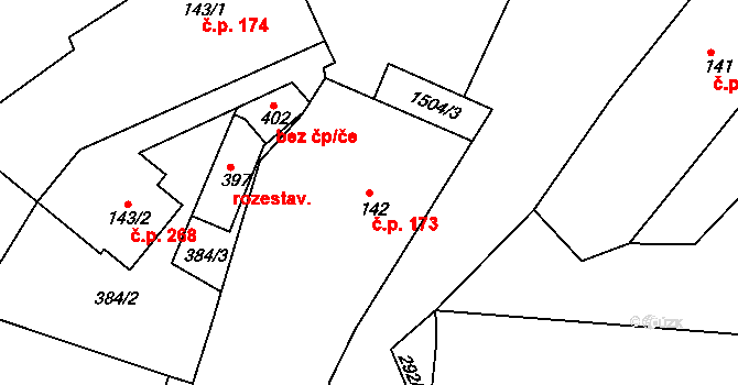 Rosice 173 na parcele st. 142 v KÚ Rosice u Chrasti, Katastrální mapa
