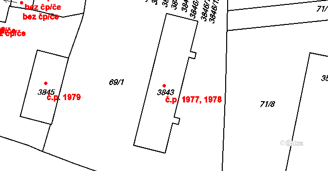 Budějovické Předměstí 1977,1978, Písek na parcele st. 3843 v KÚ Písek, Katastrální mapa