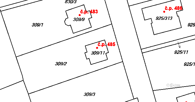 Srubec 485 na parcele st. 309/11 v KÚ Srubec, Katastrální mapa
