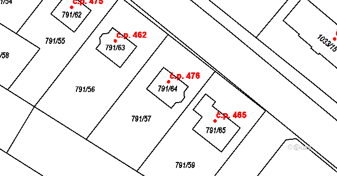 Křelov 476, Křelov-Břuchotín na parcele st. 791/64 v KÚ Křelov, Katastrální mapa