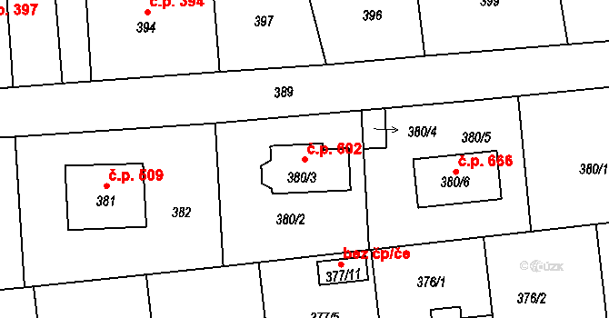 Postřelmov 602 na parcele st. 380/3 v KÚ Postřelmov, Katastrální mapa