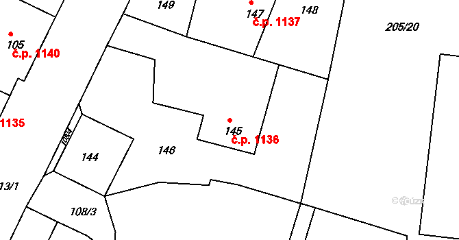 Příbor 1136 na parcele st. 145 v KÚ Klokočov u Příbora, Katastrální mapa