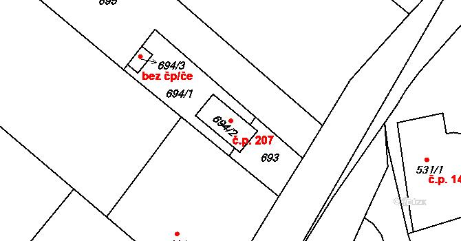 Běštín 207 na parcele st. 694/2 v KÚ Běštín, Katastrální mapa