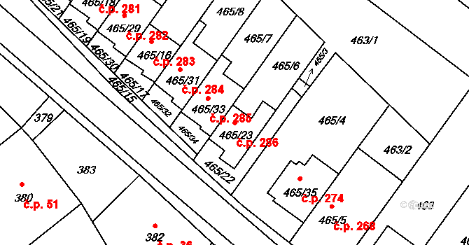 Vážany 286, Kroměříž na parcele st. 465/23 v KÚ Vážany u Kroměříže, Katastrální mapa
