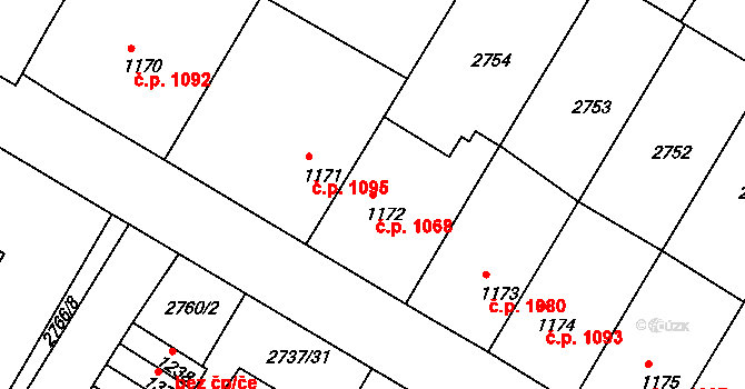 Bystřice pod Hostýnem 1068 na parcele st. 1172 v KÚ Bystřice pod Hostýnem, Katastrální mapa