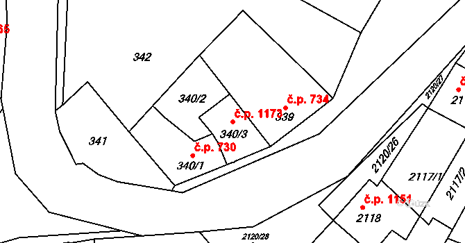 Miroslav 1173 na parcele st. 340/3 v KÚ Miroslav, Katastrální mapa