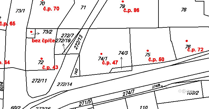 Honice 47, Stochov na parcele st. 74/1 v KÚ Honice, Katastrální mapa