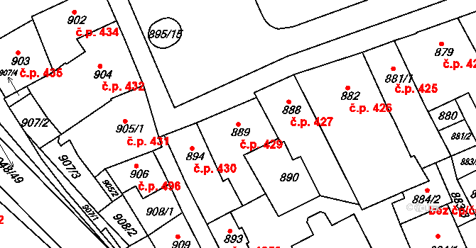 Rousínov 429 na parcele st. 889 v KÚ Rousínov u Vyškova, Katastrální mapa