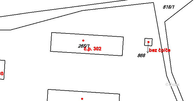 Komorní Hrádek 302, Chocerady na parcele st. 265/1 v KÚ Chocerady, Katastrální mapa