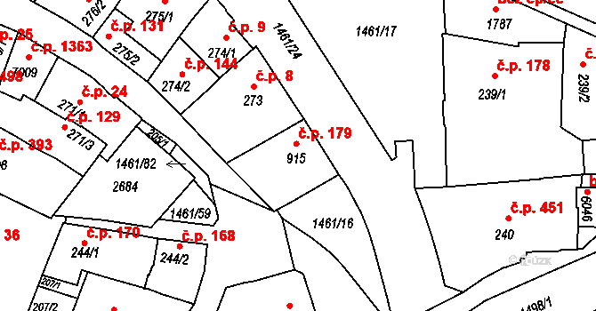 Horka-Domky 179, Třebíč na parcele st. 915 v KÚ Třebíč, Katastrální mapa