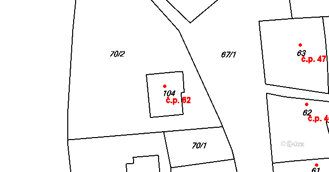 Skrýšov 62, Pelhřimov na parcele st. 104 v KÚ Skrýšov u Pelhřimova, Katastrální mapa