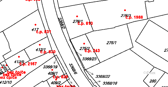 Pelhřimov 243 na parcele st. 275/2 v KÚ Pelhřimov, Katastrální mapa
