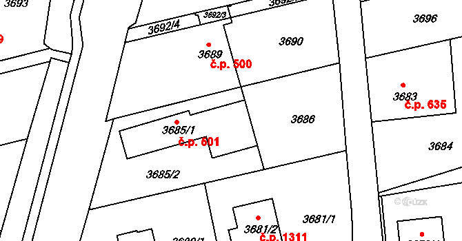 Frýdlant 501, Frýdlant nad Ostravicí na parcele st. 3685/1 v KÚ Frýdlant nad Ostravicí, Katastrální mapa