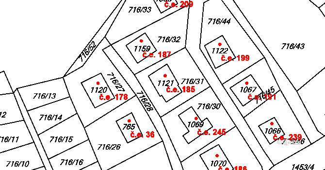 Blovice 185 na parcele st. 1121 v KÚ Blovice, Katastrální mapa