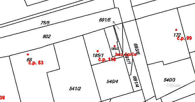 Struhy 118, Čachovice na parcele st. 185/1 v KÚ Struhy, Katastrální mapa