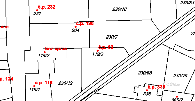 Všetaty 68 na parcele st. 119/3 v KÚ Všetaty, Katastrální mapa