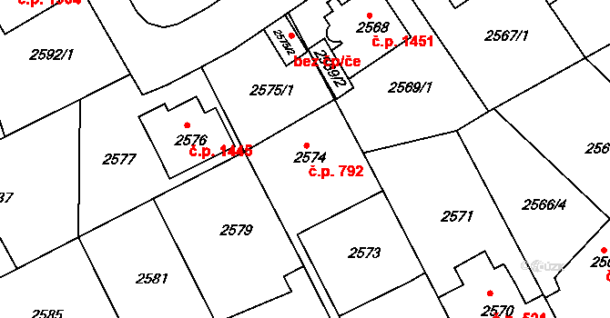 Modřany 792, Praha na parcele st. 2574 v KÚ Modřany, Katastrální mapa