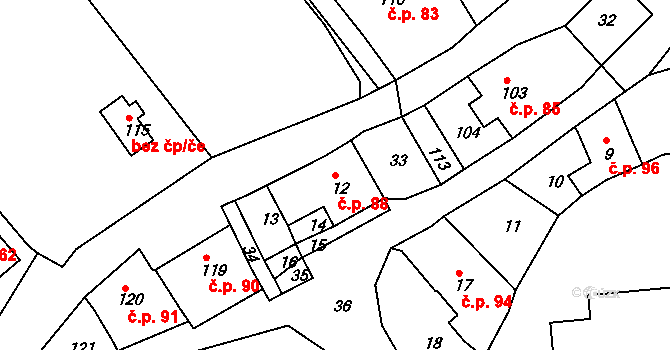 Hodkovice nad Mohelkou 88 na parcele st. 12 v KÚ Hodkovice nad Mohelkou, Katastrální mapa