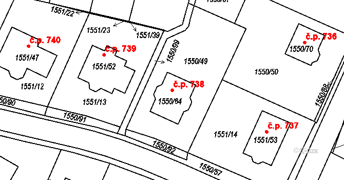 Miřetice u Klášterce nad Ohří 738, Klášterec nad Ohří na parcele st. 1550/64 v KÚ Miřetice u Klášterce nad Ohří, Katastrální mapa